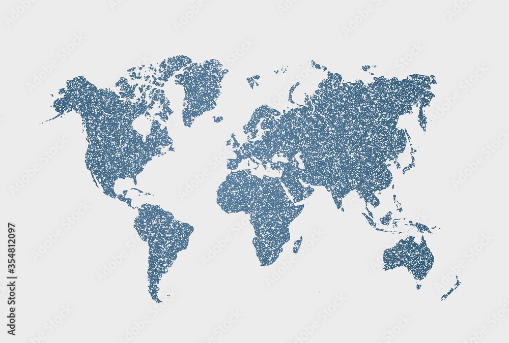 Isolated vector white and blue dotted world map on white background ...