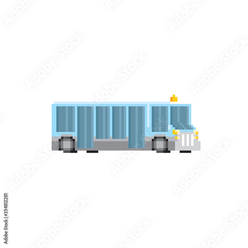 Passenger bus at the airport. Airport bus. Pixel art. Old school computer graphic. Element design stickers, logo, mobile app, menu. 8 bit video game. Game assets 8-bit sprite. 16-bit.