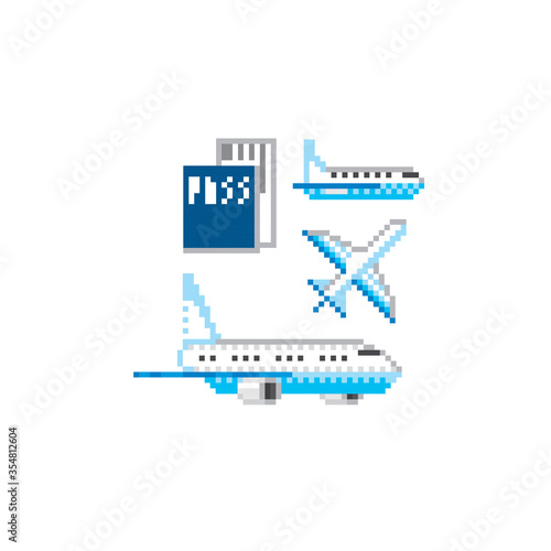 Airplane, passport, ticket. Air transport icons set. Pixel art. Old school computer graphic. Element design stickers, logo, mobile app, menu. 8 bit video game. Game assets 8-bit sprite. 16-bit.