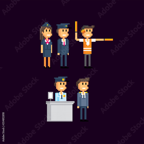 Customs officer, controller, traffic controller, stewardess, pilot, airport staff. Pixel art. Old school computer graphic. Element design stickers, logo, mobile app, menu.