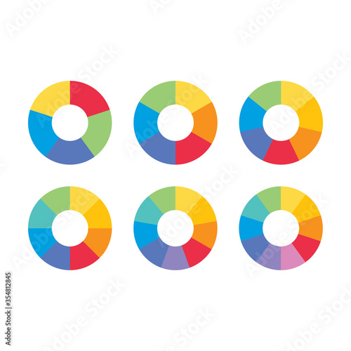 Colorful info piecharts icons set, segment of circles for 5 6 7 8 9 10. Simple flat design infographics template for interface elements app ui ux web button vector isolated on white background photo