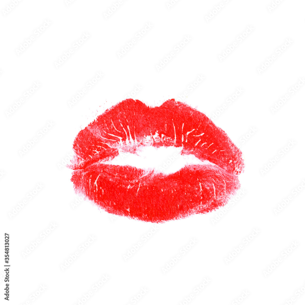Fototapeta premium Red lipstick kiss on white background. Realistic vector trace of red lips print isolated on white background