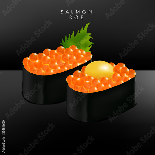 Vector Japanese Fine Dining or Sushi Bar Restaurant Realistic Salmon Roe Sushi Illustration with Quail Egg Yolk or Basil Leaf for Menu or Advertising.
