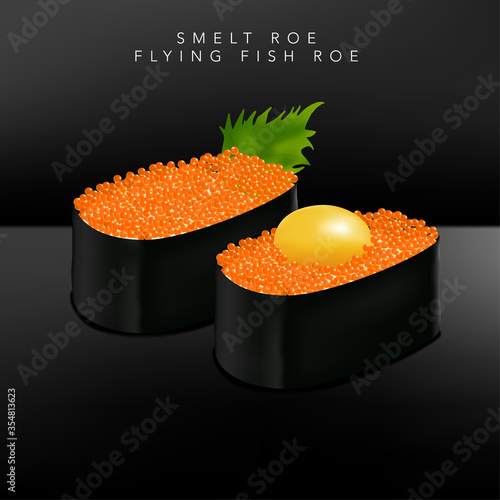 Vector Japanese Fine Dining or Sushi Bar Restaurant Realistic Smelt or Flying Fish Roe Sushi Illustration with Quail Egg Yolk or Basil Leaf for Menu or Advertising.