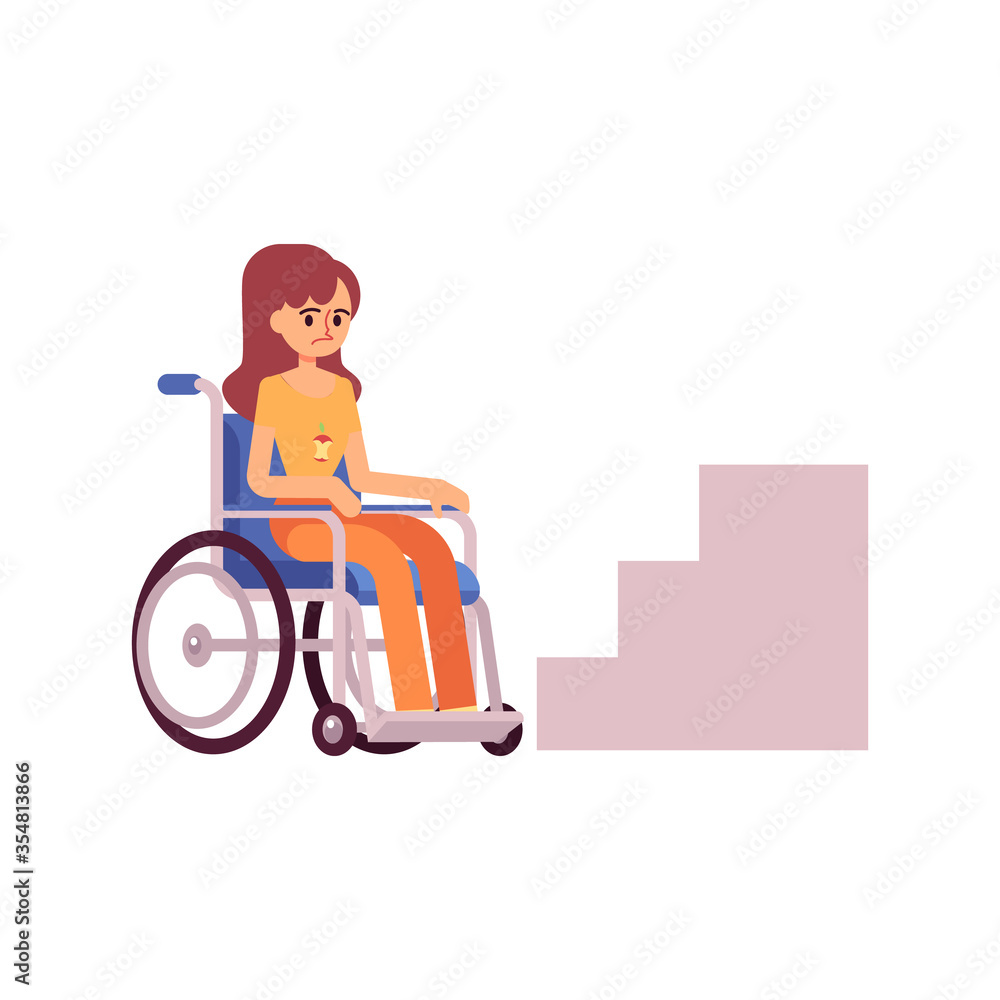Sad disabled girl in wheelchair looking at stairs Sad disabled girl in wheelchair looking at stairs