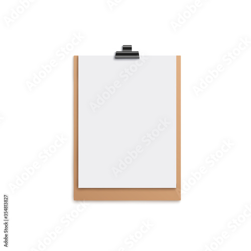 Brown clipboard mockup with blank white piece of paper