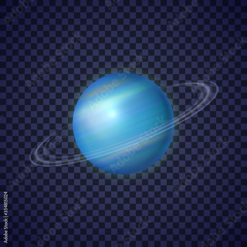 Uranus planet with rings on transparent background. Seventh ice giant planet of solar system. Galaxy discovery and exploration. Realistic cosmic vector illustration for school education materials.