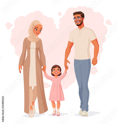 Happy Muslim family holding hands and walking. Isolated vector illustration.