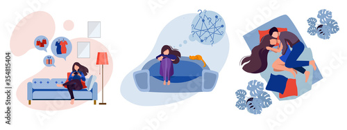 Home Entertainment Illustration Set. A girl makes purchases in an online store, stares, feels resentment and irritation, sleeps with a guy, love