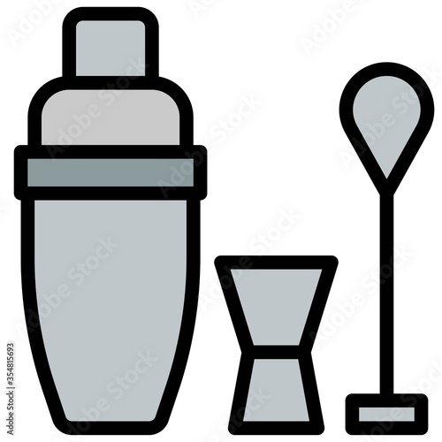 Bartending equipment icon, shaker jigger and bar spoon