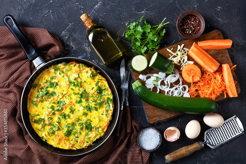 Low-carb zucchini frittata on a frying pan photo