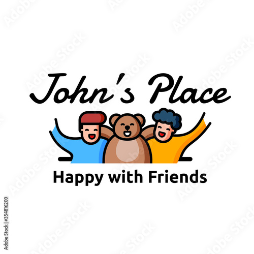 happy friends with teddy bear