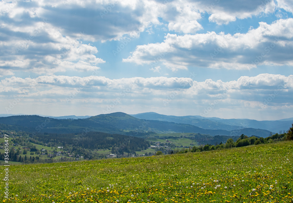 Mountain landscape, green meadow, big clouds on blue sky