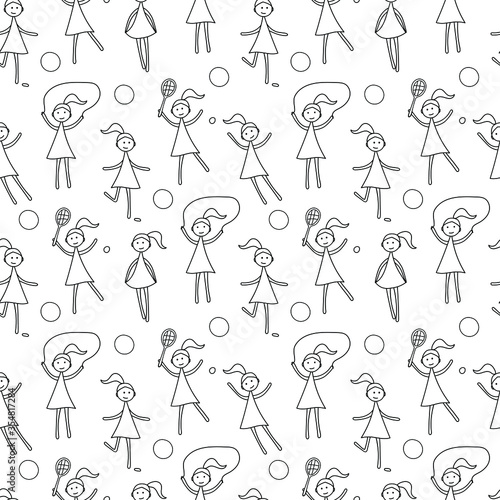 Little girl dancing, playing, jumping. Contour image. Seamless vector pattern on a white background