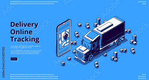 Delivery online tracking banner. Mobile service for track cargo shipment and freight transportation. Vector landing page with isometric smartphone with map application and truck