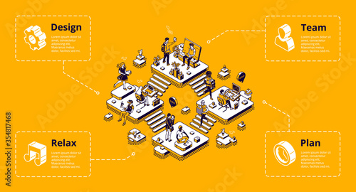 Business organization infographic banner. Office work concept. Vector isometric illustration of company management, working people, team, plan, design and relax place