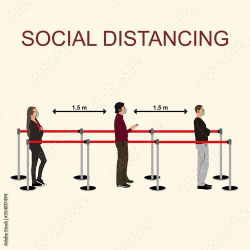 illustration or vector of some people who use masks waiting in line to shop at supermarkets and socialize
The concept of physical distance. Save at least one and a half meters from the others to prote