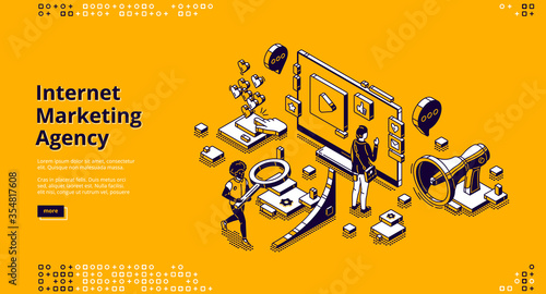 Internet marketing agency banner. Strategy of promotion and advertising company in social media and web. Vector landing page with isometric working people, computer and megaphone