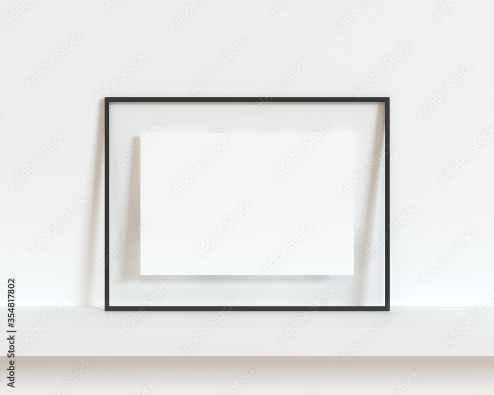 Horizontal black thin empty frame mock up on white wall. 3d illustration. Horizontal black thin empty frame mock up on white wall. 3d illustration.
