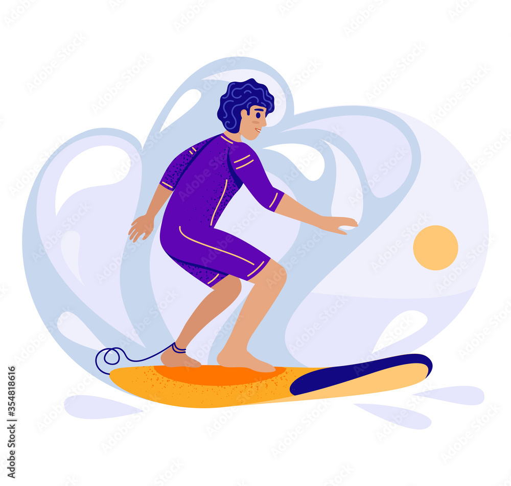 Young man learning to stand on a surfboard - surf training concept, vector stock illustration in flat cartoon stile.