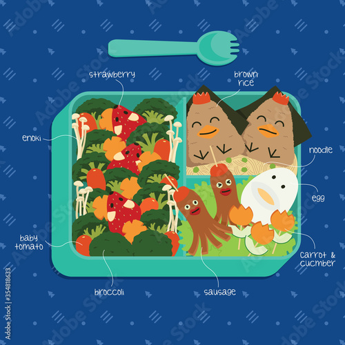 Healthy bento box with vegetable art. Featuring mice in a forest, brown rice onigiri chicks, character sausages and eggs.