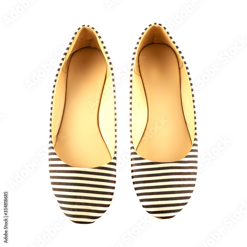 Women's summer shoes made of blue and white striped fabric, ballet flats isolated on a white background. The concept of women's shoes. The view from the top