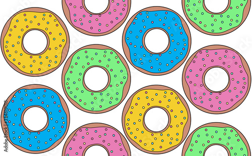 Seamless colorful contour pattern with donuts top view with colorful sprinkles and glaze. Bakery sweet pastries. Vector color outline texture for wallpapers, backgrounds and your creativity.