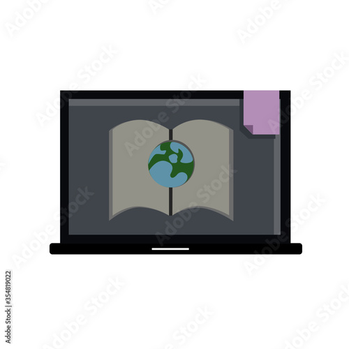 Laptop computer with book and global vector icon illustration. E-learning  Online education concept.
