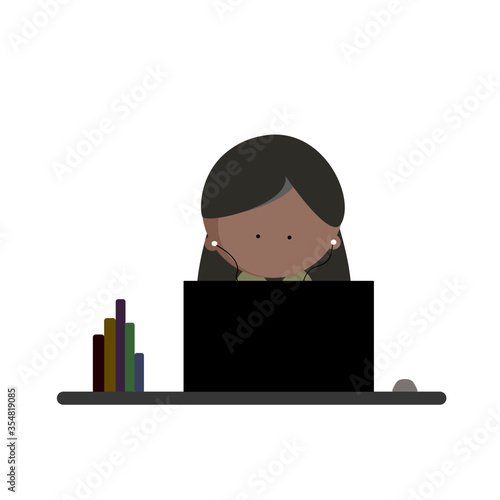 Female student or business woman work on laptop computer with book on the office desk vector icon illustration. Elearning, Online education or home school, remote working, work from home concept.