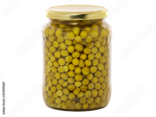Jar of canned peas isolated on white background