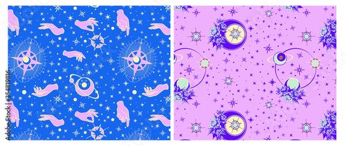 Star space galaxy constellation print. Seamless pattern is used for textile, zodiac star yoga mat, phone case, astrology. Space, pink and blue pastel tones.