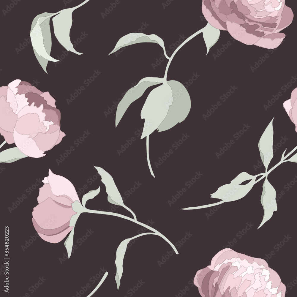 Obraz premium Vector seamless pattern with blossomed pink peonies, branches and leaves. Isolated flowers
