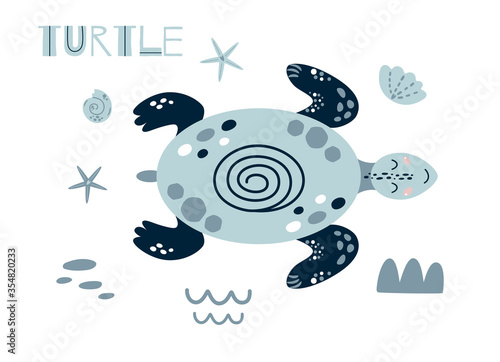 Cute turtle cartoon. Cute baby ocean animal girls boys summer sea element Kids nautical print cute blue turtle Illustration