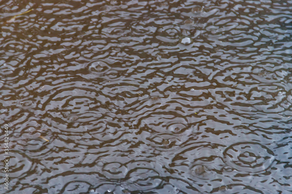 Puddle of water with splashing raindrops during a downpour Puddle of water with splashing raindrops during a downpour
