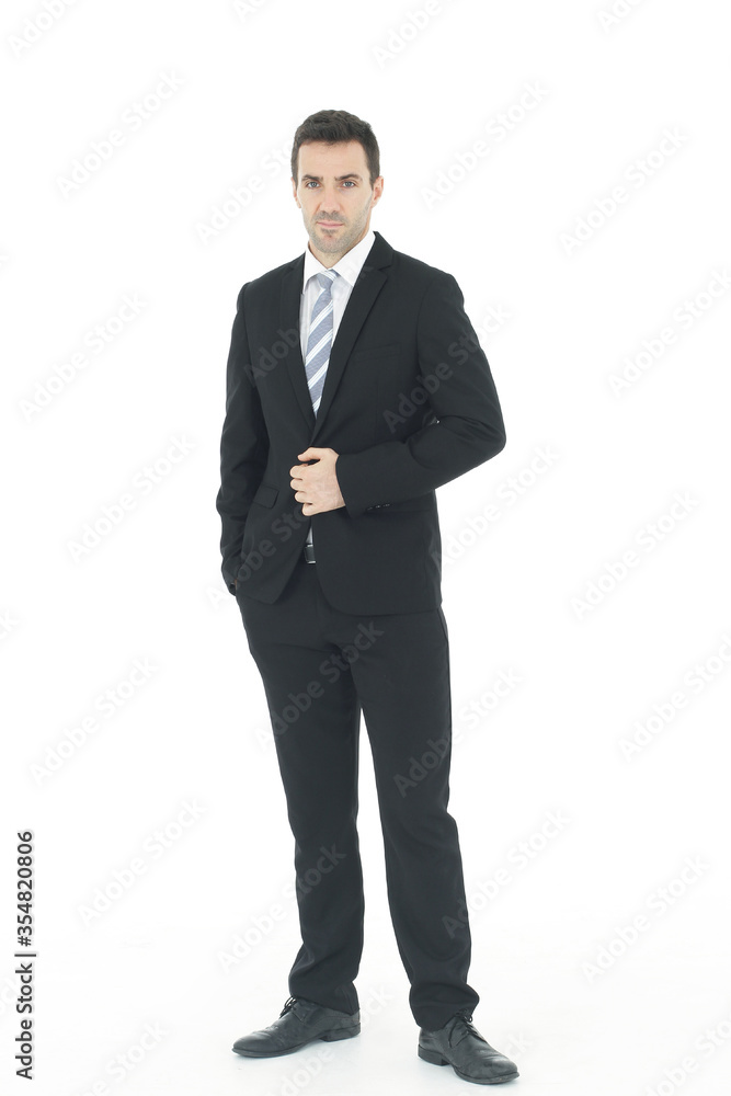 Handsome and smart businessman in black suit isolated on white background. Copy Space Handsome and smart businessman in black suit isolated on white background. Copy Space