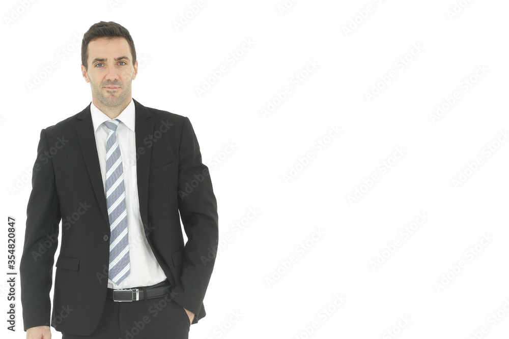 Handsome and smart businessman in black suit isolated on white background. Copy Space Handsome and smart businessman in black suit isolated on white background. Copy Space