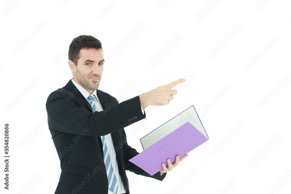 Handsome Caucasian businessman in black suit and holding violet document file and index finger to forward isolated on white background. Handsome Caucasian businessman in black suit and holding violet document file and index finger to forward isolated on white background.