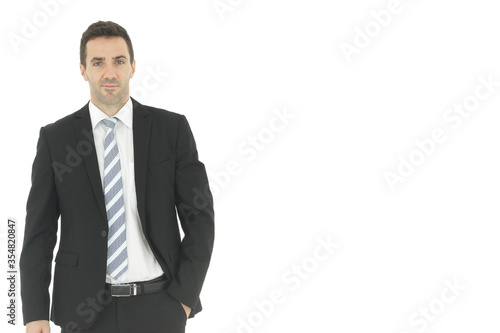 Handsome and smart businessman in black suit isolated on white background. Copy Space