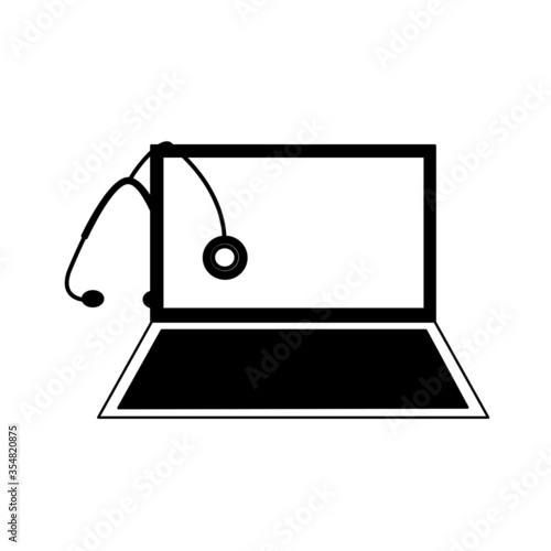 Modern laptop computer with medical stethoscope icon vector illustration isolated on white background. ehealth, telemedicine, online doctor or digital health concept.