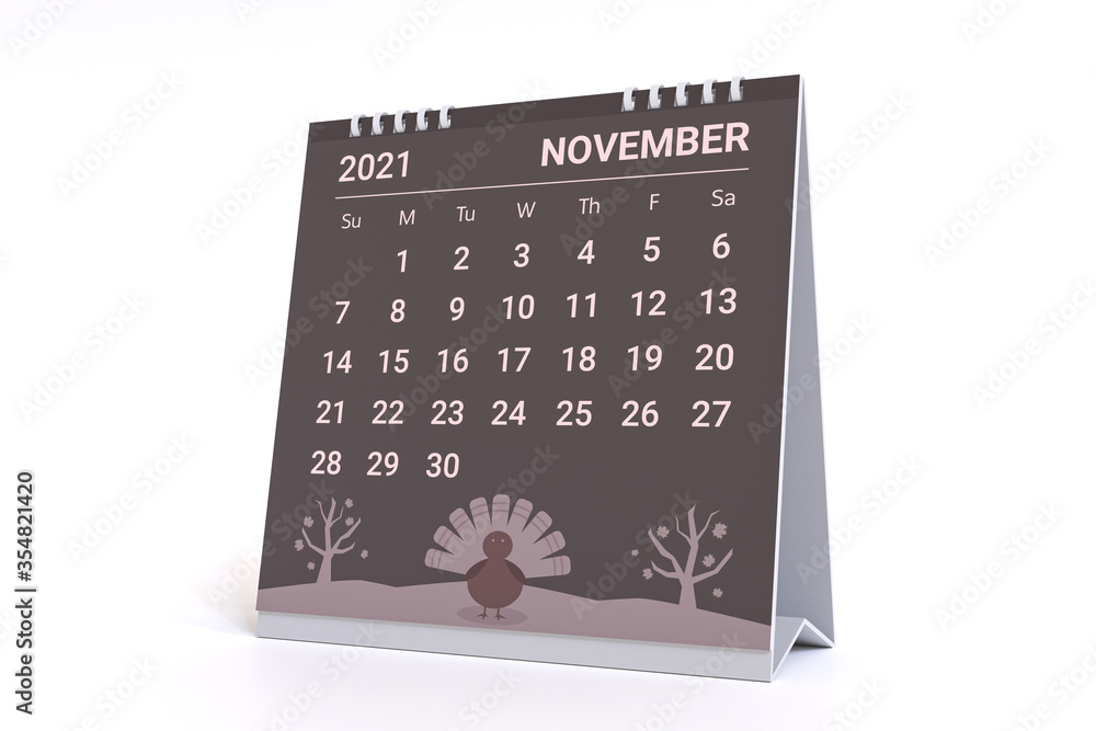 3D Rendering - Calendar for November with thanksgiving theme. 2021