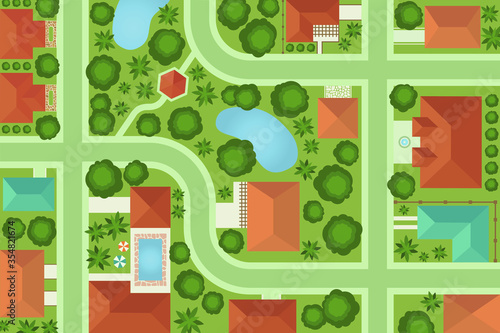 Aerial view of neighborhood houses and parks, residential city map vector