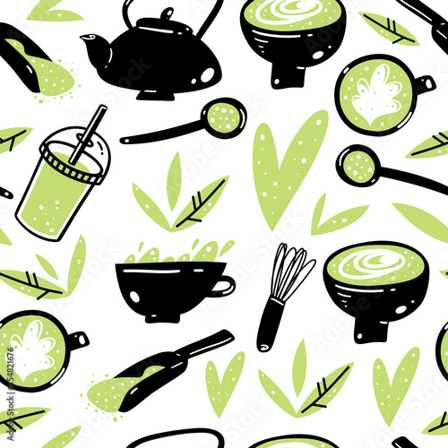 Seamless pattern with matcha tea elements. Hand drawn vector illustration. Can be used for fabric, wrapping paper, scrapbooking.