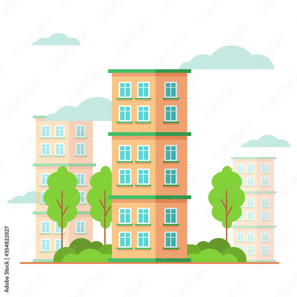 Flat green Building with trees and clouds small town vector illustration, isolated on white background