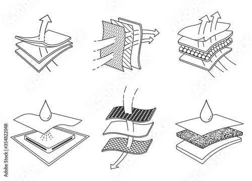 Set icons of absorbent sheets and diapers. advertising layered materials, fabric layers, napkin, sanitary pad, mattresses and adults. Vector eps10.