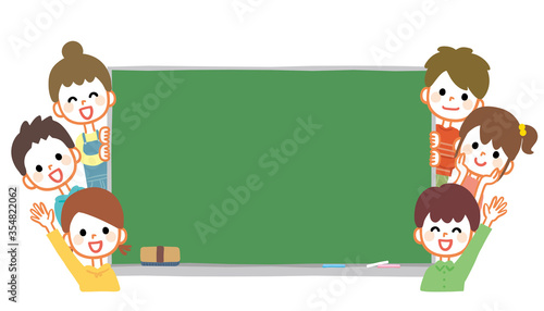 Illustration of kids and blackboard. The blackboard is a text space.
