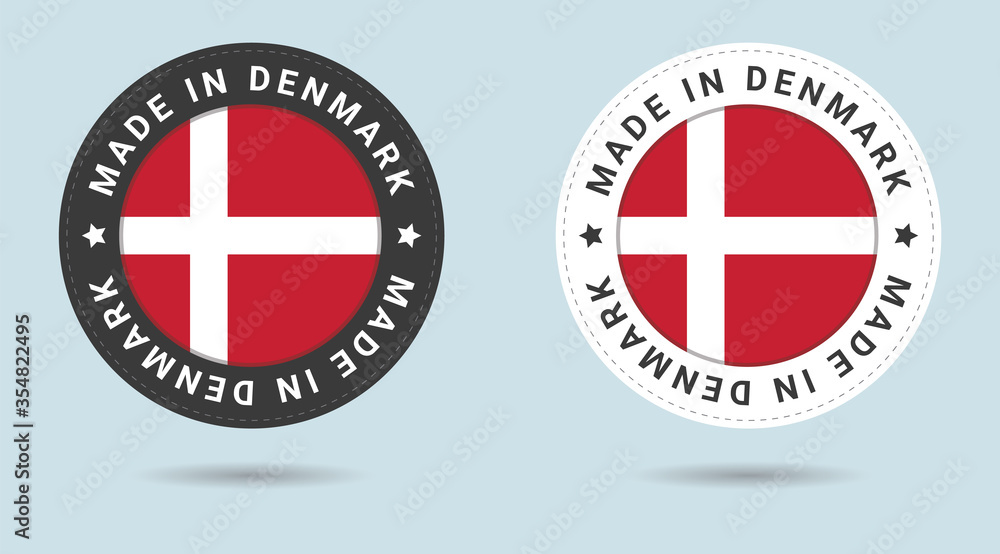 Set of two Danish stickers. Made in Denmark. Simple icons with flags. Set of two Danish stickers. Made in Denmark. Simple icons with flags.