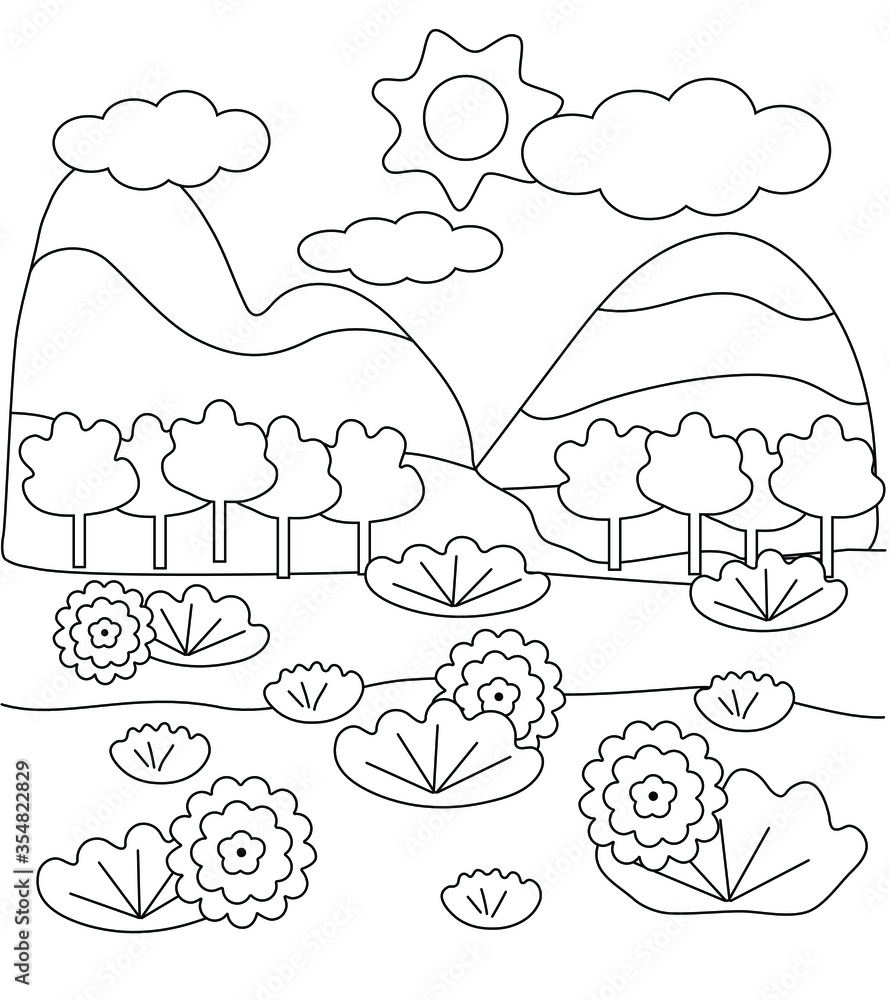 Cute kids coloring book with landscape. Mountains, sky and clouds ...