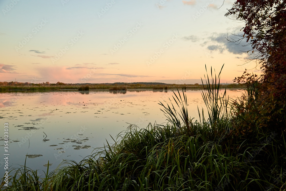 View from coast throught green grass on foreground on a water of lake, pink sunset, blue sky and white clouds at evening time View from coast throught green grass on foreground on a water of lake, pink sunset, blue sky and white clouds at evening time