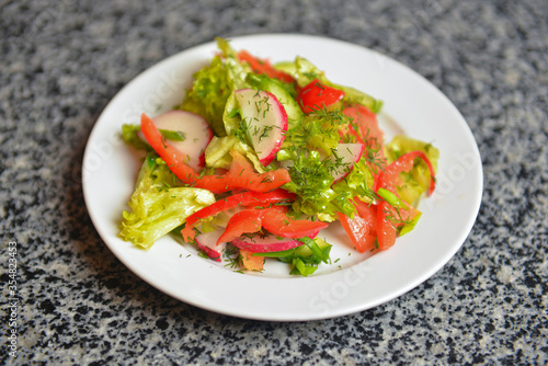 Vegetable salad with radishes,cucumber, sweet pepper and dill. Served in a white plate over grey textured table.