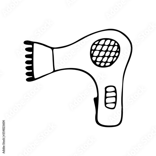 Hand drawn hair dryer isolated on a white background. Doodle, simple outline illustration. It can be used for decoration of textile, paper and other surfaces.